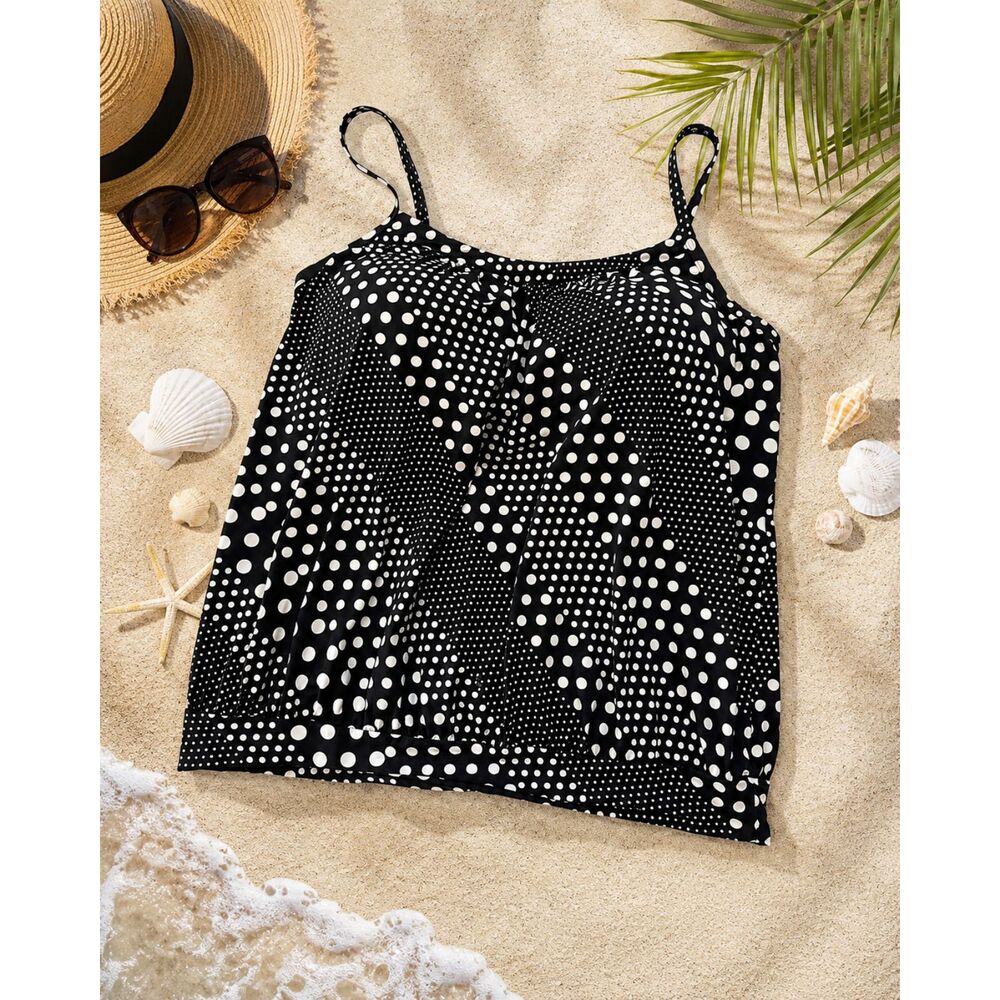 Lands' End Size 18 Black White Polka Dot Blouson Tankini Swim Top Adjustable